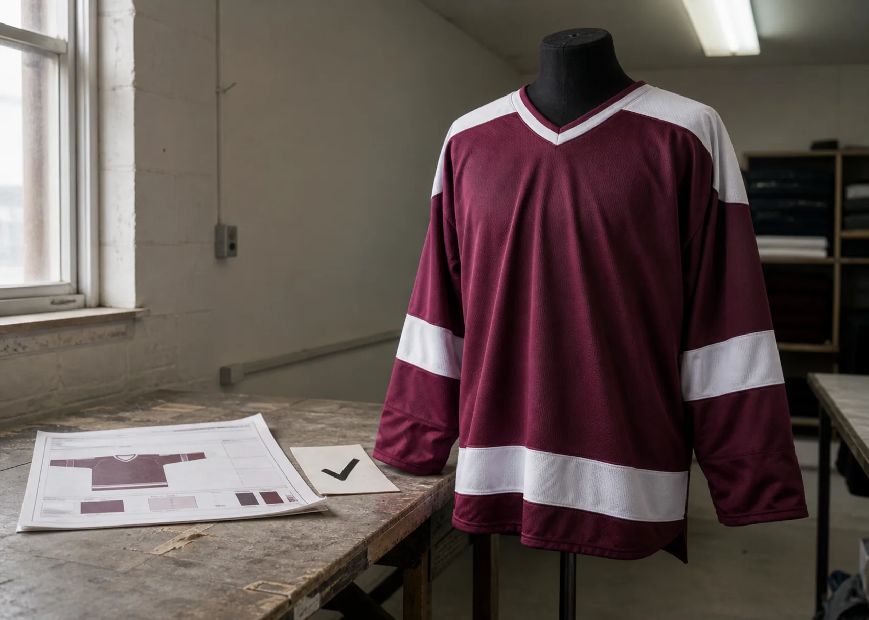 Abstract tech-pack mock-up beside a single unbranded burgundy and white sample hockey jersey with an approval annotation card.