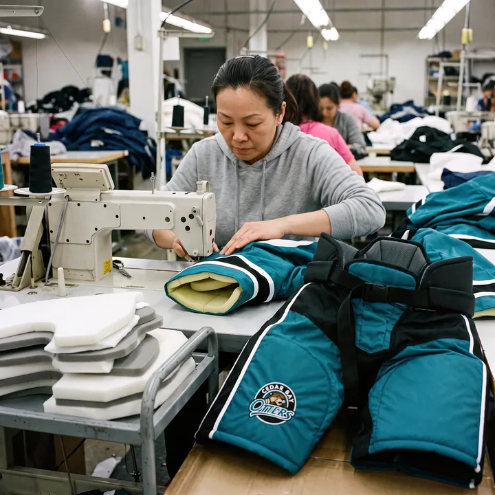Sewing worker assembling a teal padded hockey pant shell around separate padding pieces