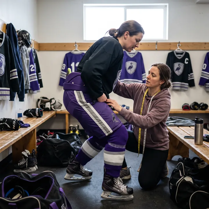 Technician checking hip padding position on a women's-fit sample pant while the player holds a skating stance
