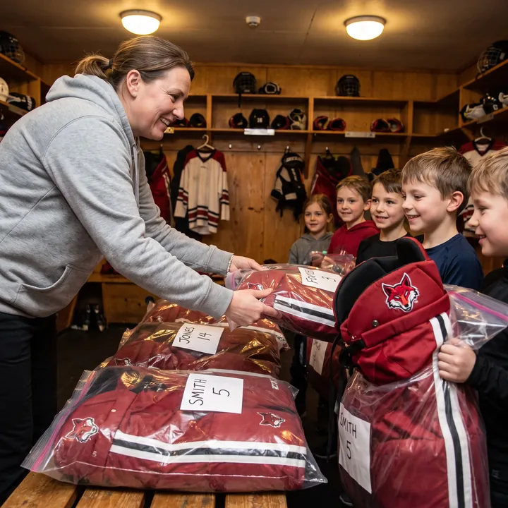 Equipment manager handing youth players red hockey pants bagged by name and number