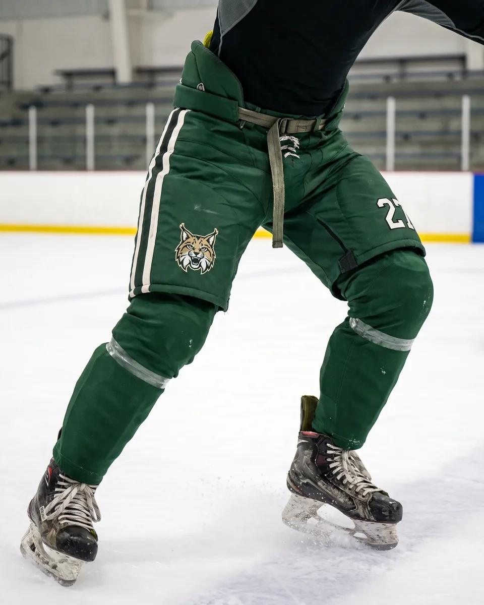Senior player in a deep skating stance wearing forest green custom hockey pants with a lynx crest on the hip and number 27