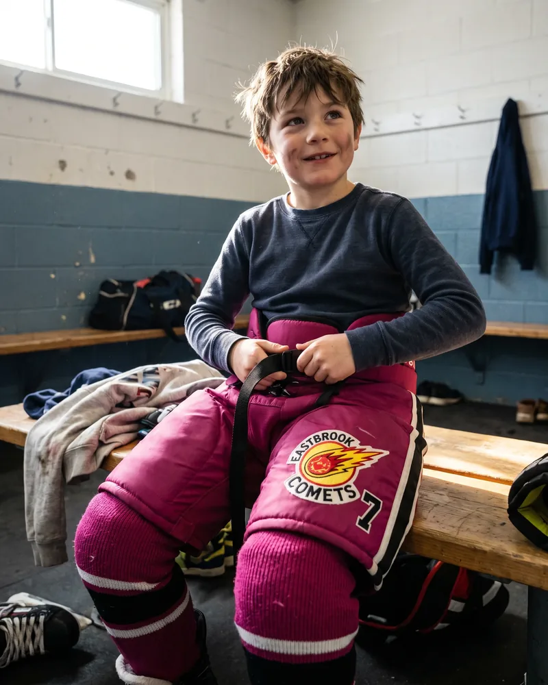 Young player fastening the belt of magenta youth hockey pants with a comet crest and number 7