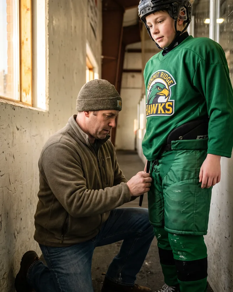 Coach adjusting the leg length of a youth player's kelly green hockey pants