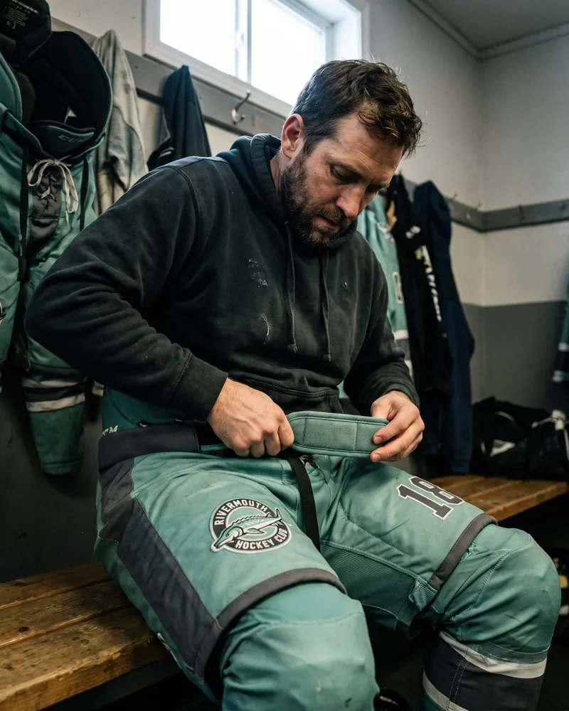 Player tightening the wide-range belt on seafoam and charcoal hockey pants in a locker room