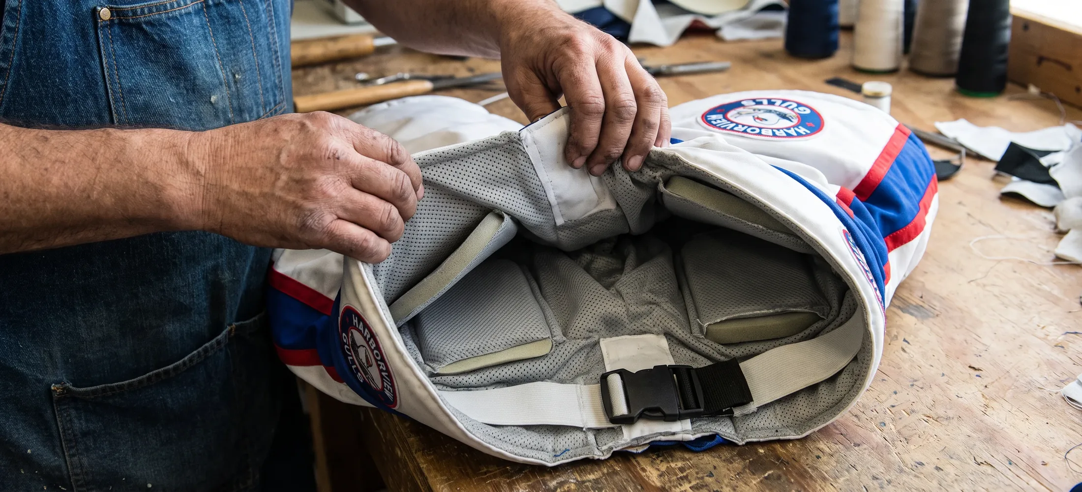 Hands holding open a padded hockey pant to show the mesh liner, internal waistband and integrated buckle belt