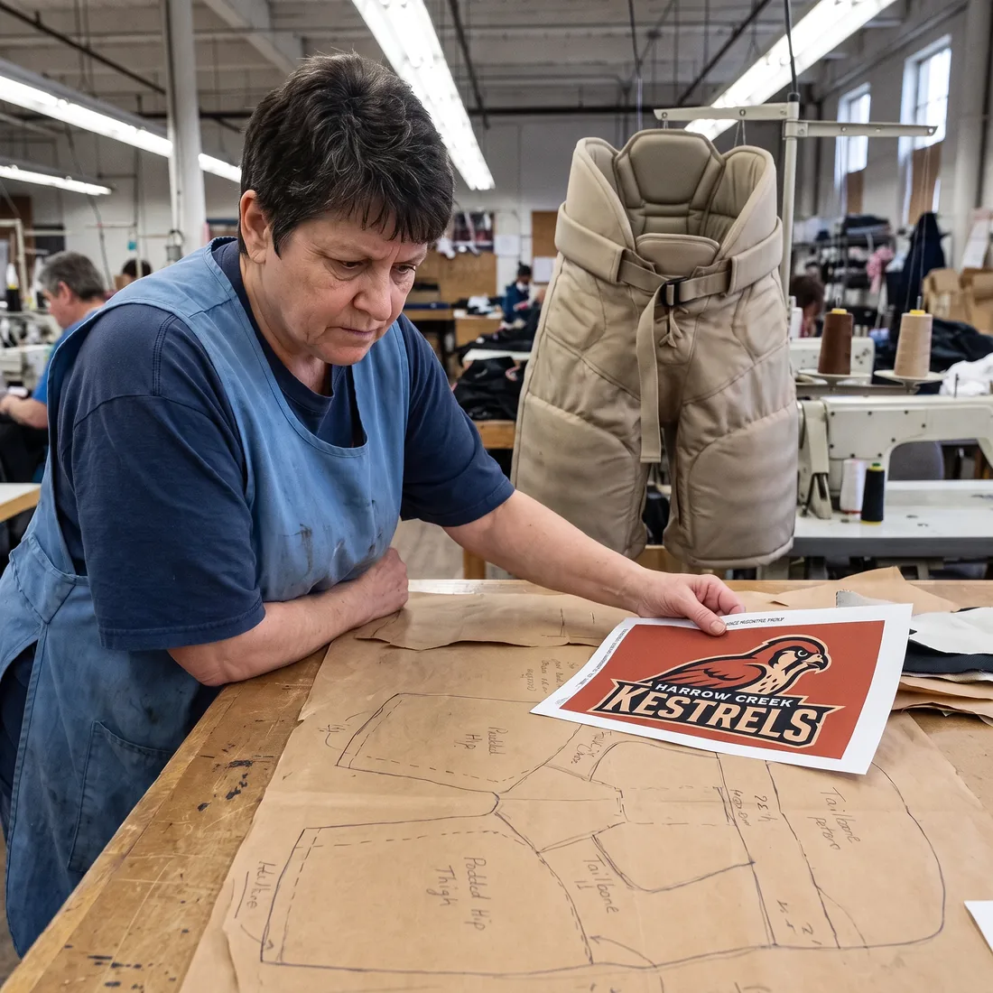 Worker laying a printed decoration proof over paper pant pattern pieces with placements marked