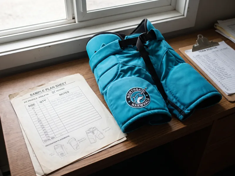 Printed sample plan with a size breakdown table beside a folded cyan sample pant and a roster clipboard