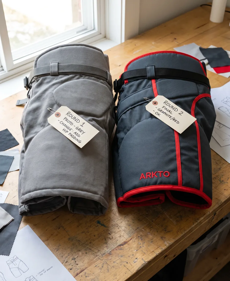 Two sample hockey pants side by side, a grey first-round prototype and a graphite and red final sample, both with change tags