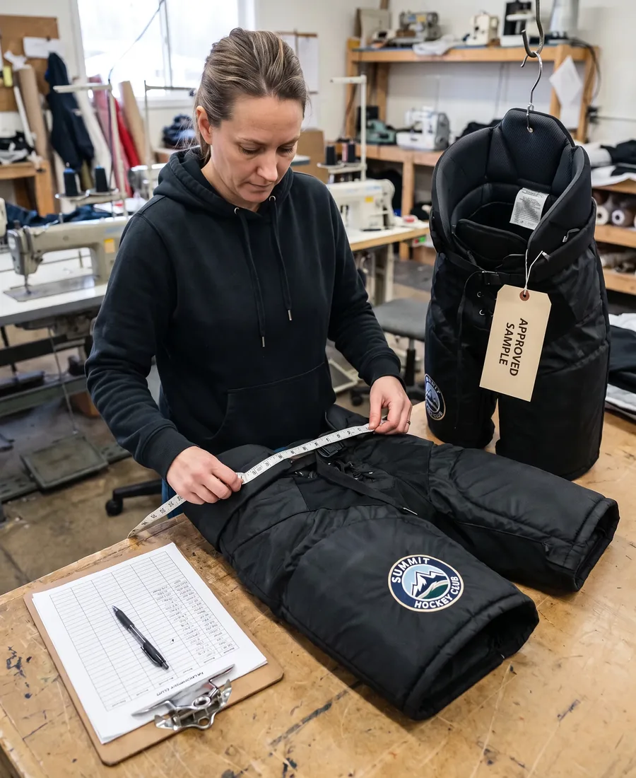 Inspector measuring the waist of a finished hockey pant beside the tagged approved sample