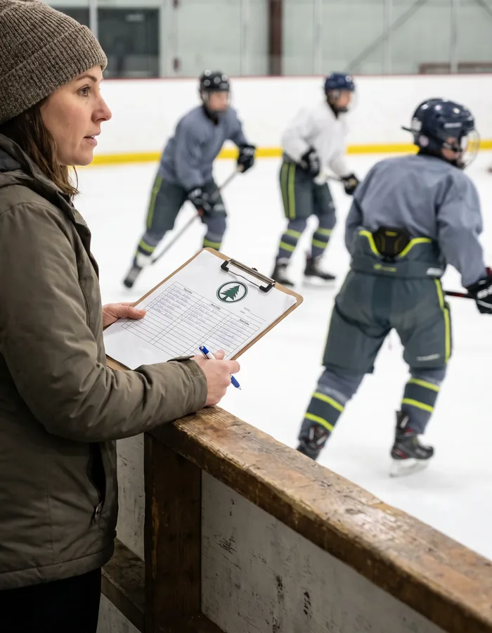 Equipment manager at the rink boards holding a roster clipboard while youth players skate behind