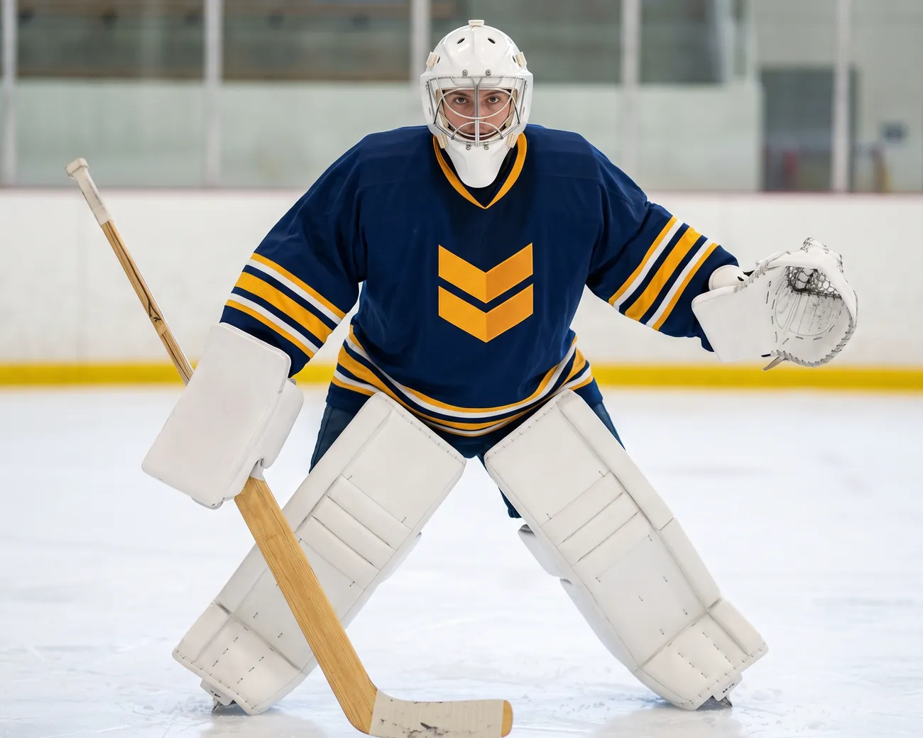 Hockey goaltender in full goalie equipment wearing a navy and amber custom goalie jersey cut with a roomier chest, wider sleeves and a longer hem.