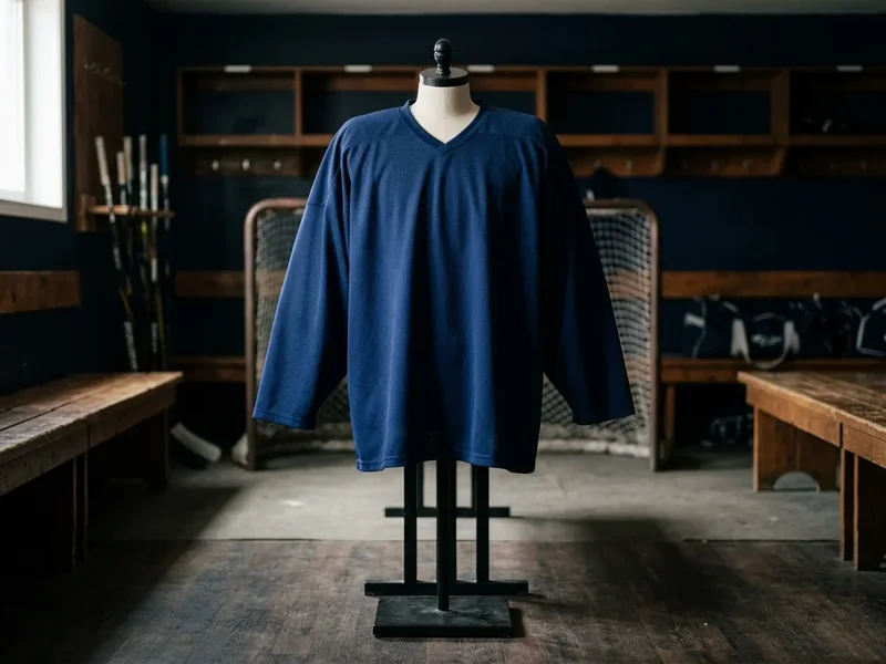 Completely blank solid navy goalie-cut jersey with no crest, stripes or print on a mannequin.