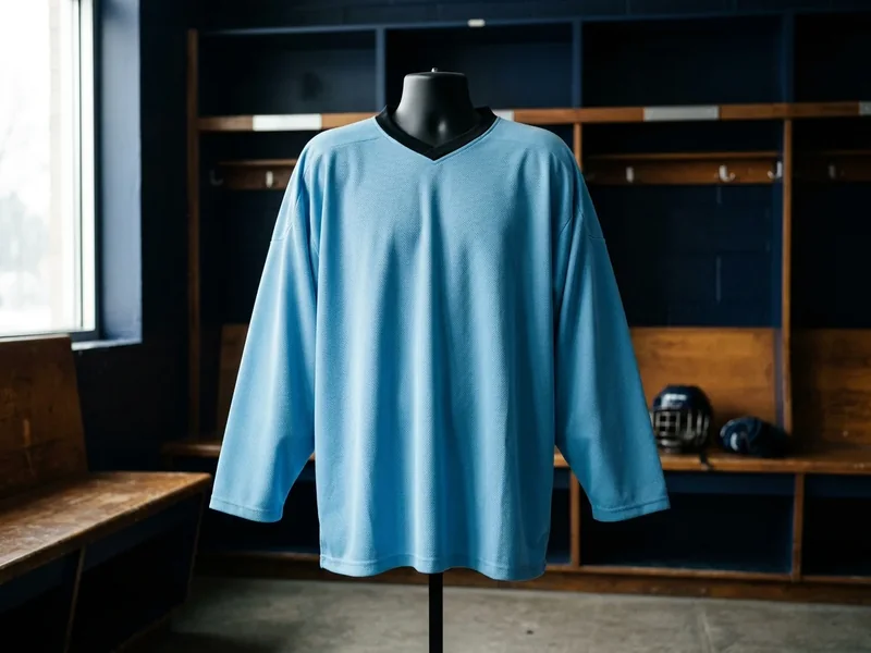 Plain ice blue goalie-cut practice jersey on a mannequin in a navy locker room.