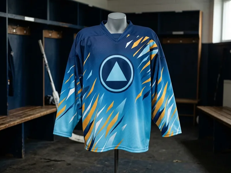Goalie-cut jersey with an all-over sublimated navy to ice blue gradient and amber geometric shards on a mannequin.