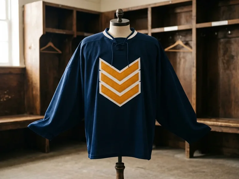 Solid navy goalie-cut jersey with a stitched amber and white tackle twill chevron crest on a mannequin.