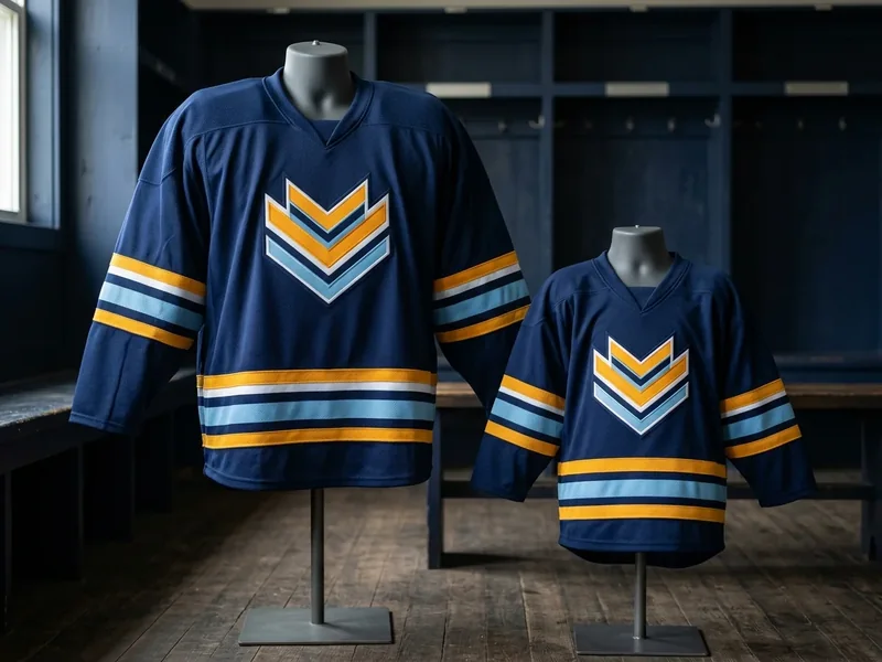 Adult and youth goalie-cut jerseys in the same navy and amber design side by side, showing the size difference.