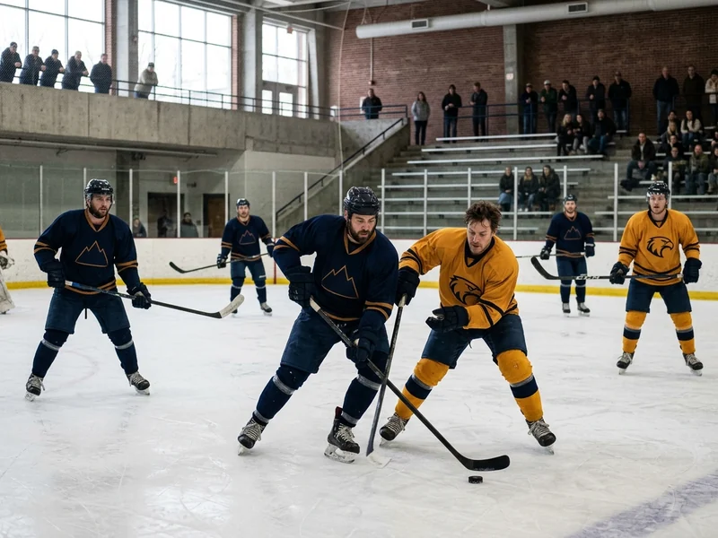 Alumni hockey game at a campus arena with two sides in contrasting jerseys