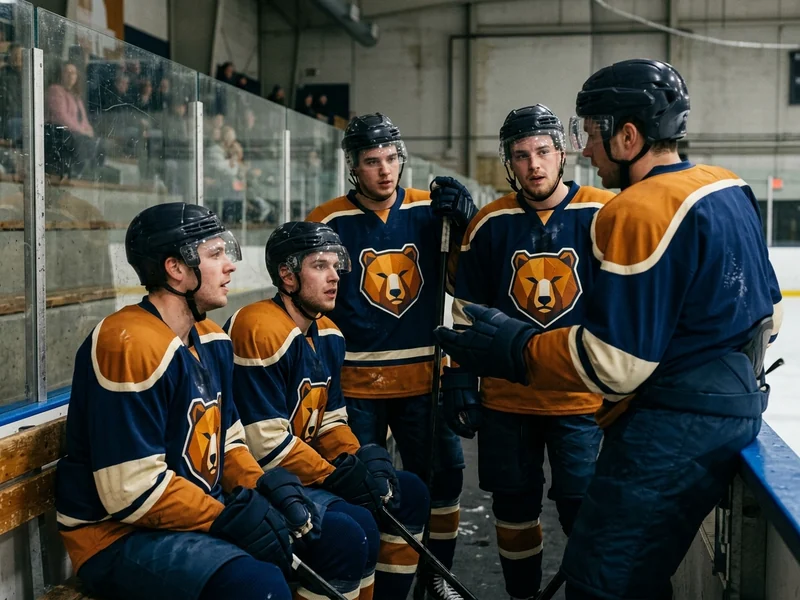 College club hockey team gathered at the bench in custom jerseys