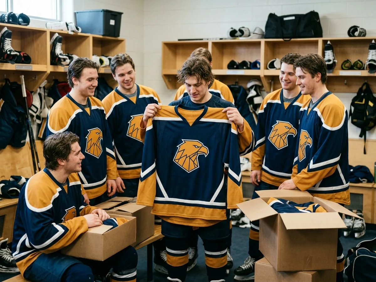 College hockey program in matching custom jerseys after receiving a new season order