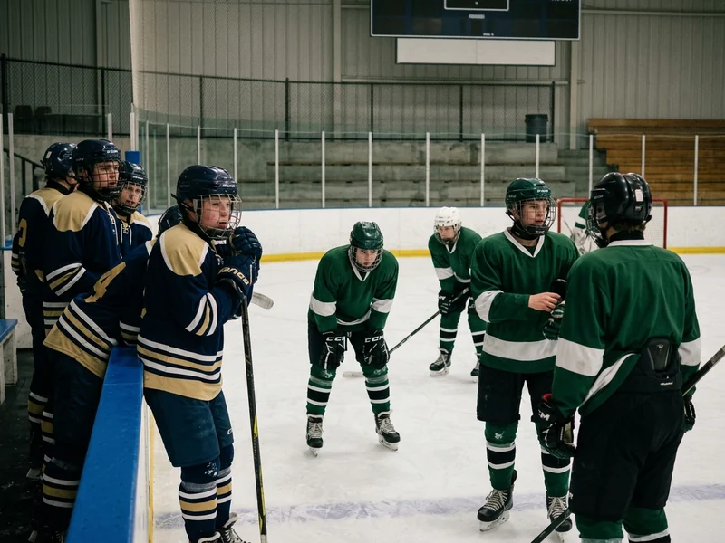 Campus intramural hockey teams in different colored jerseys sharing one rink