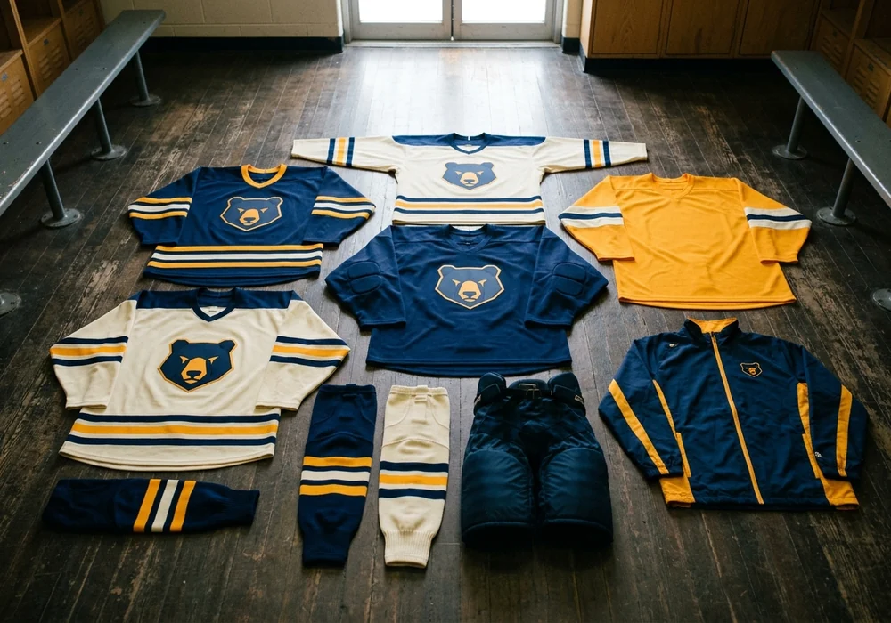 Complete college hockey team kit laid out flat: home and away jerseys, goalie jersey, practice jersey, socks, pant shell and warm-up jacket in one invented school colorway