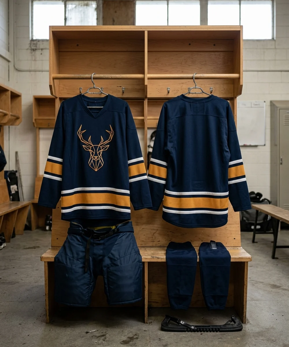 Home hockey jersey front and back in the school's dark primary color