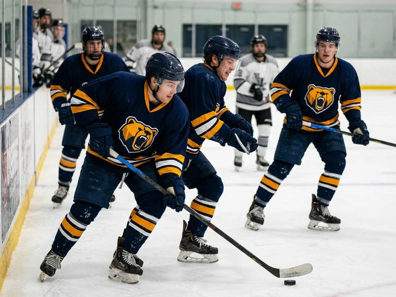 Varsity college hockey players in matching game jerseys during play