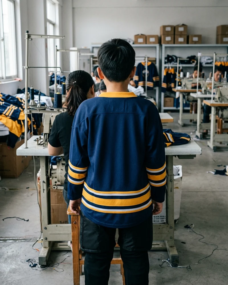 Back view of a person wearing a navy hockey jersey with amber and white stripes on the sleeves and hem