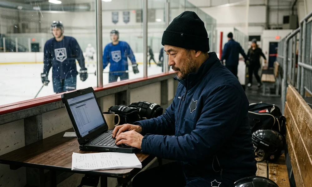 Coach compiling a team roster on a laptop at the rink