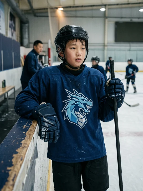 Youth hockey player wearing full protective equipment under a custom jersey