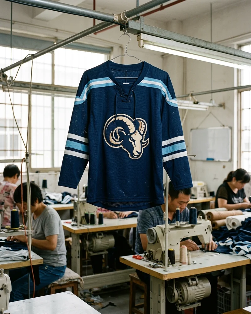 Front of a navy hockey jersey with light blue stripes and a ram crest on the chest, hanging in a sewing workshop
