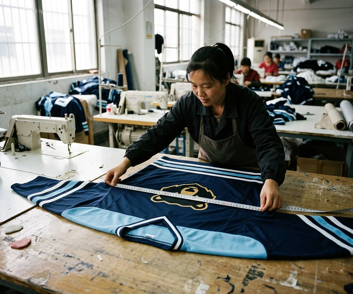 Youth hockey jersey laid flat on a table being measured with a tape
