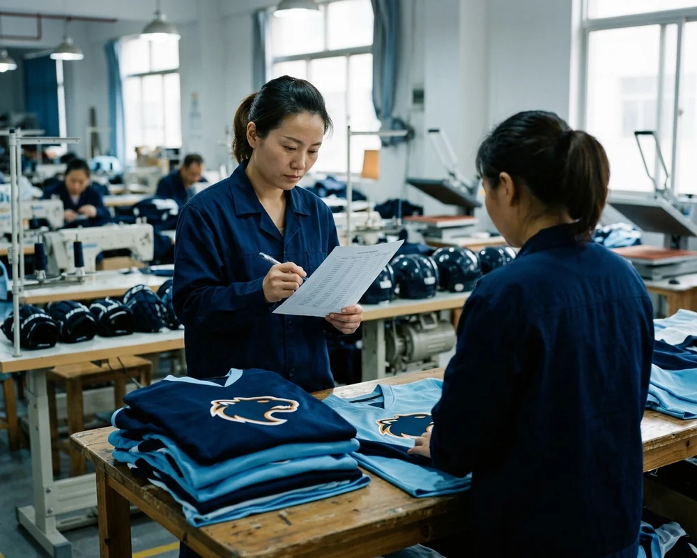 Two staff members checking a printed roster sheet against stacks of folded navy and light blue hockey jerseys