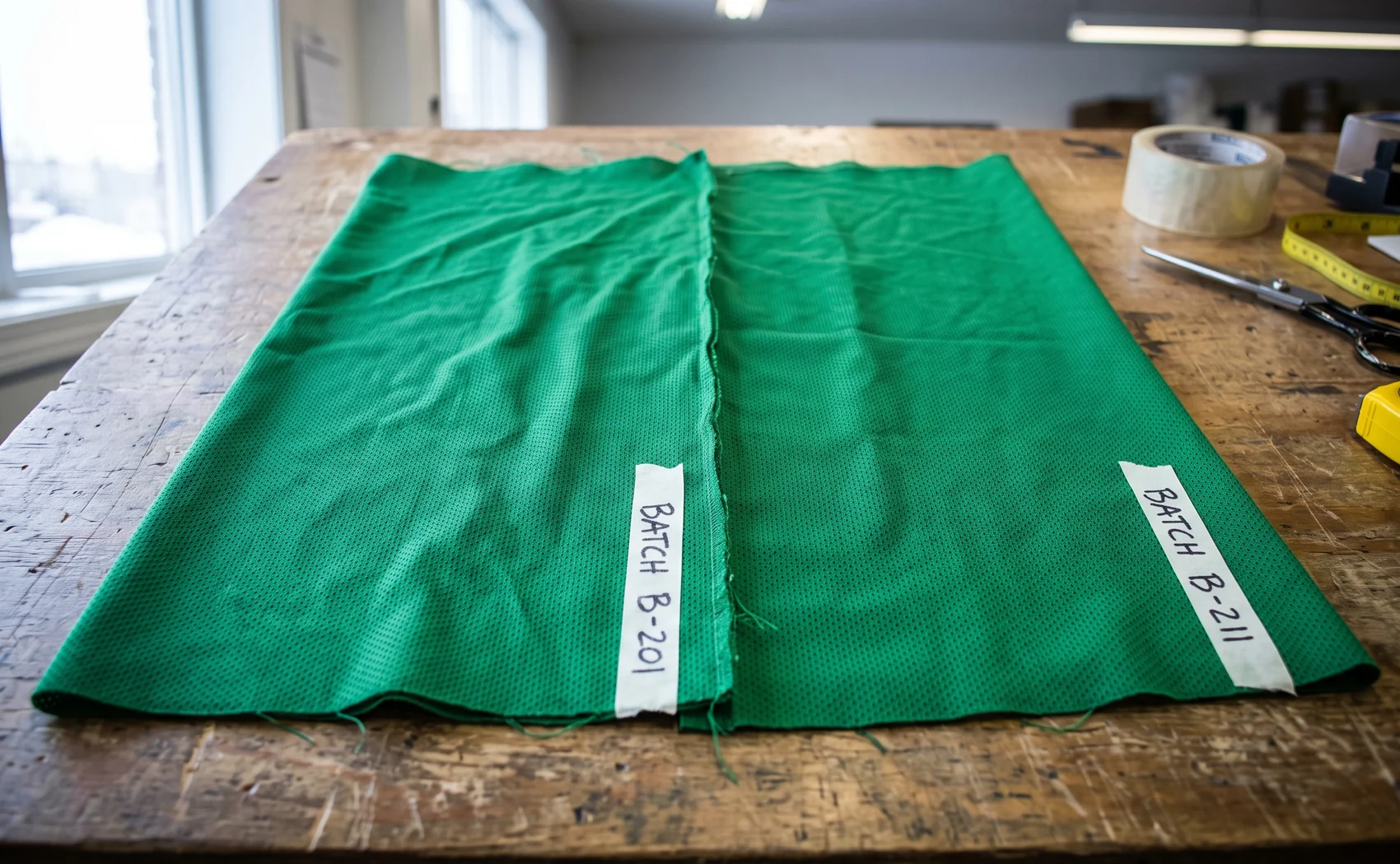 Two kelly green pieces from different production batches laid edge to edge under even light, showing the same color