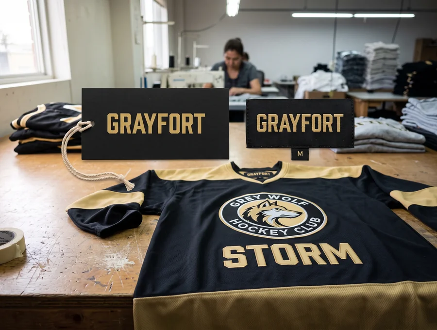 Black and vegas gold hangtag and neck label set printed with the invented brand wordmark GRAYFORT