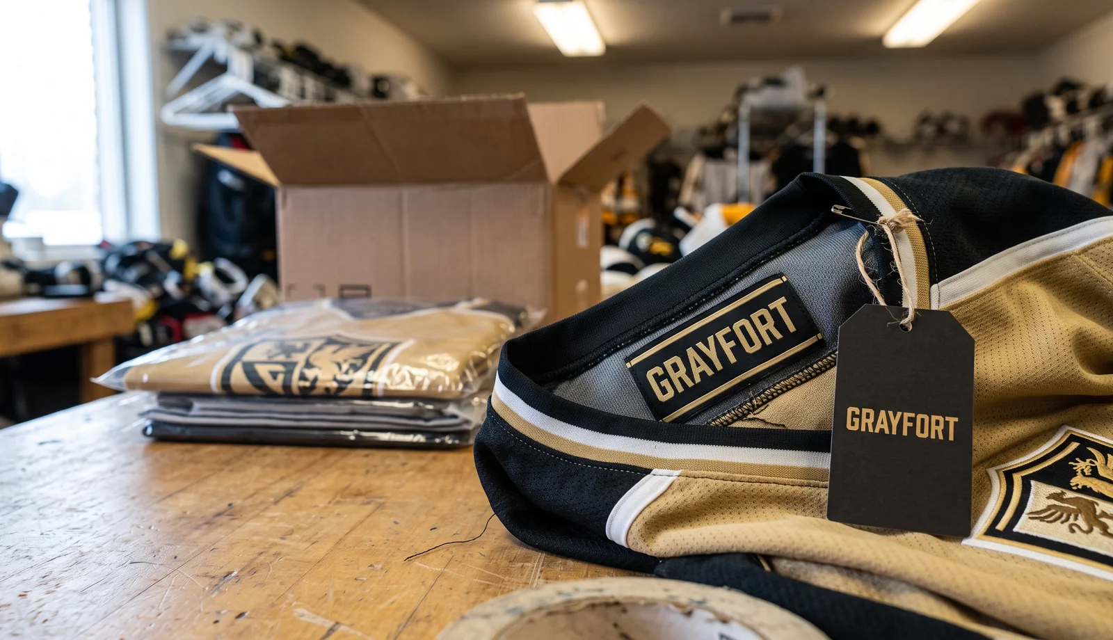 Black and vegas gold woven label with the invented brand wordmark GRAYFORT sewn into a jersey neck beside a matching hangtag
