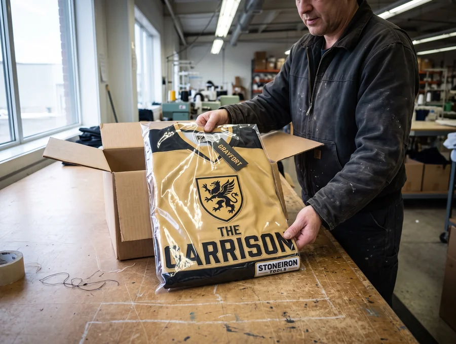 Black and vegas gold garment folded into a poly bag with the invented brand wordmark GRAYFORT visible on the hangtag