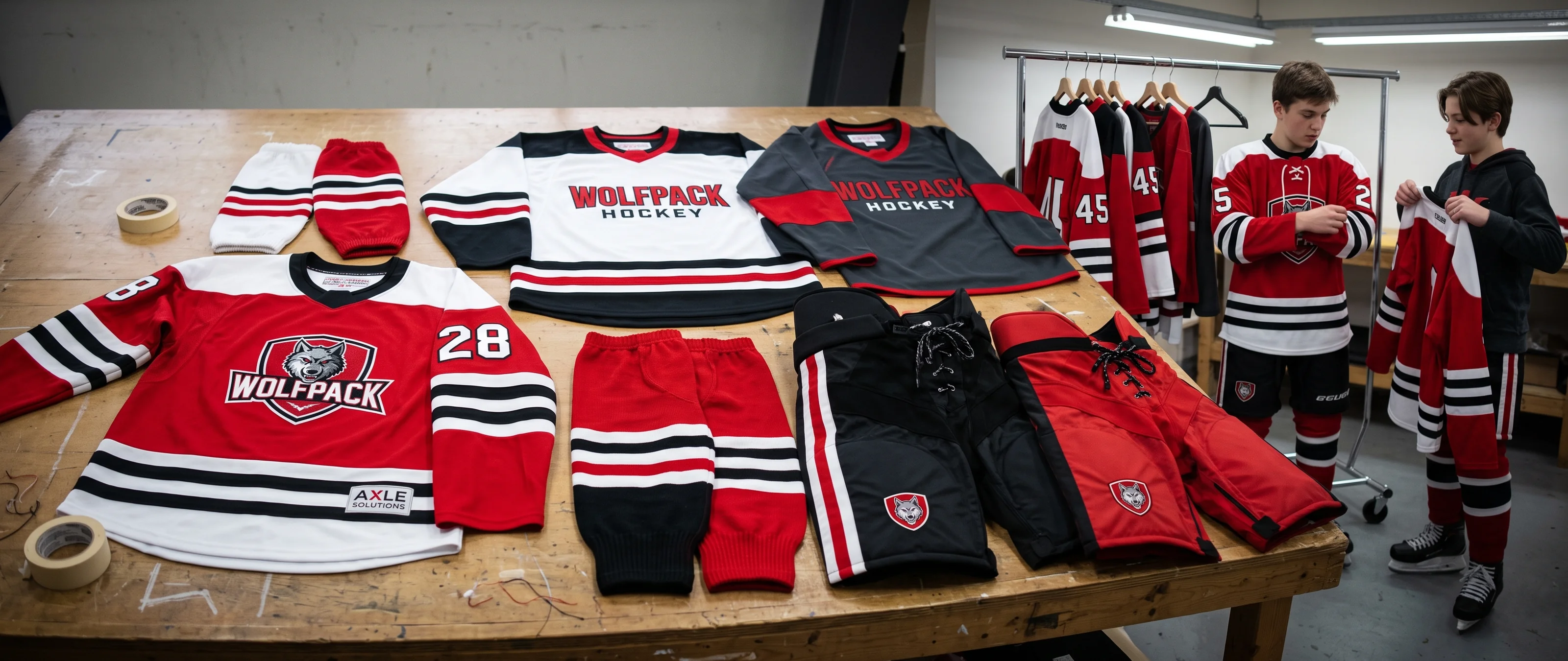 Multiple coordinated red, white, and black hockey jersey, sock, and pant-shell styles displayed as a team-kit range
