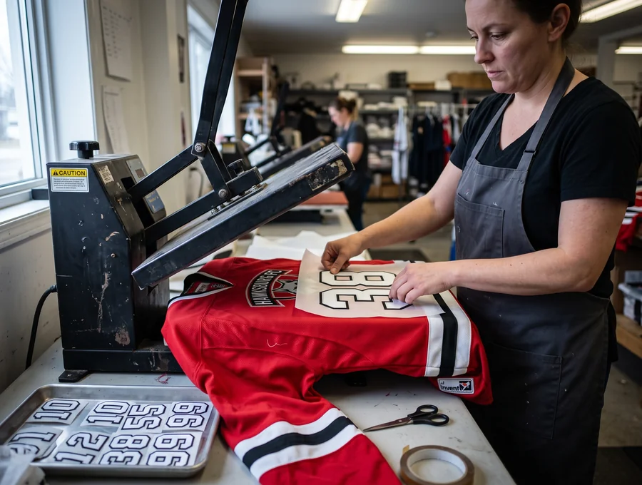 Worker heat-pressing two-digit twill numbers onto a red club jersey back