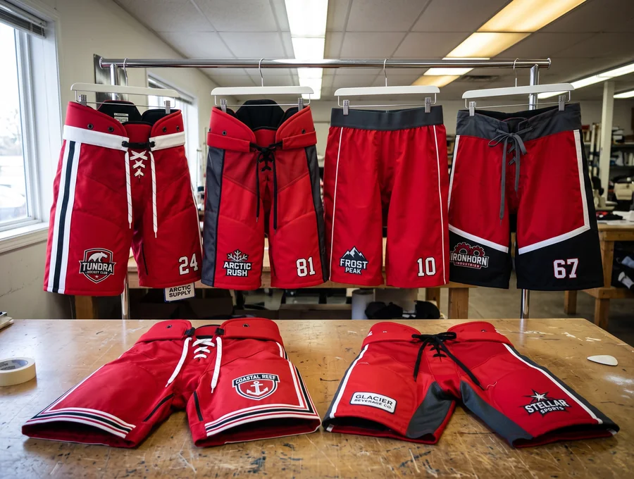 Multiple coordinated red, white, and black short hockey pant-shell styles displayed in a sample room
