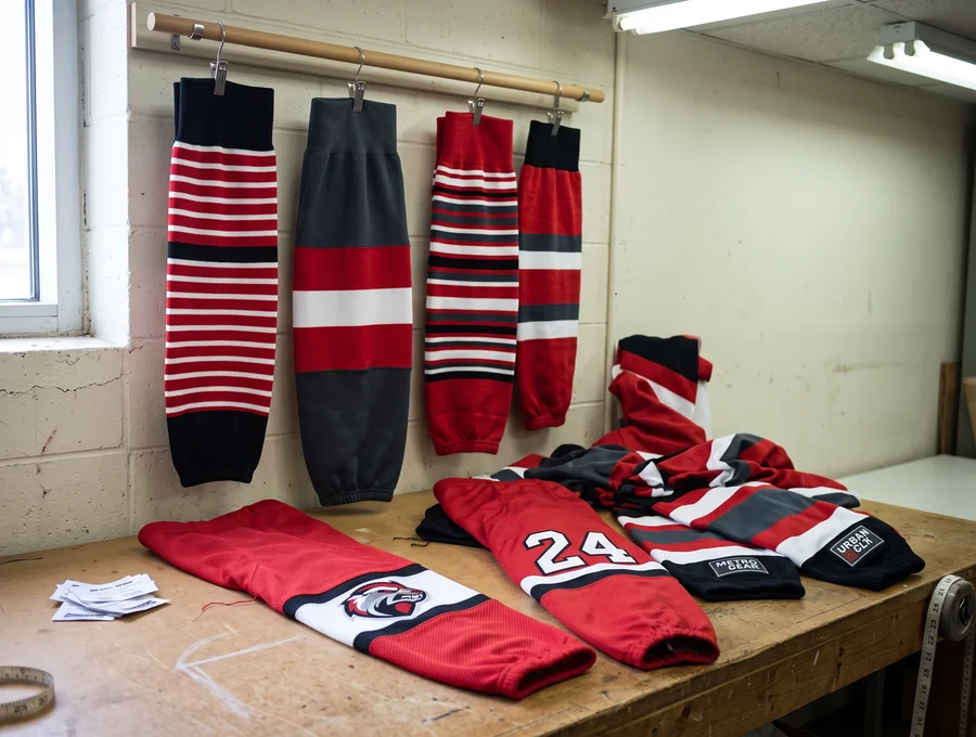Multiple coordinated red, white, and black hockey sock styles displayed in a sample room