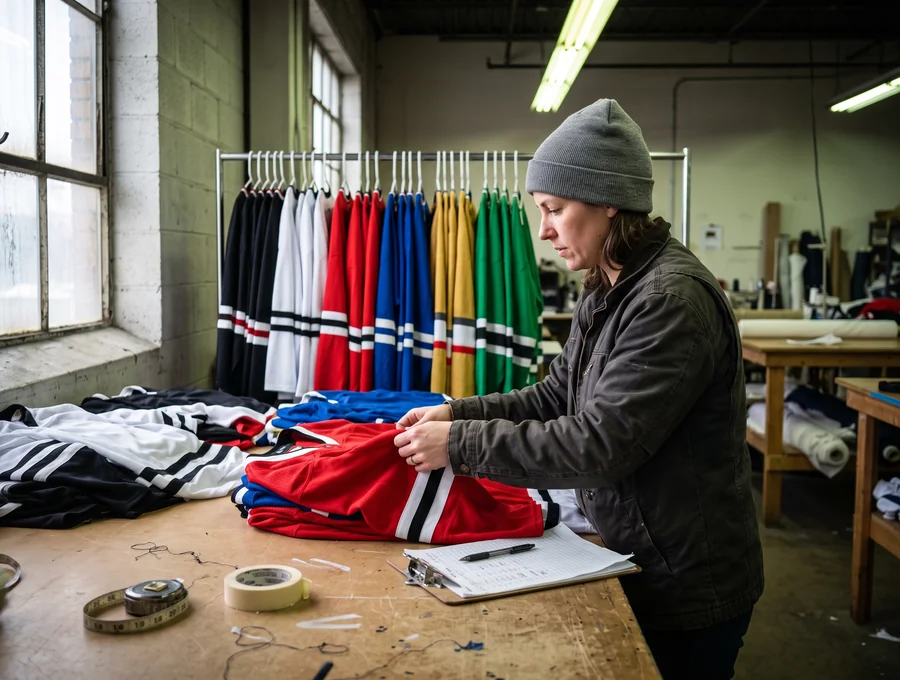A restock batch in the standing royal blue, red, black, white, forest green, and gold color list being counted in
