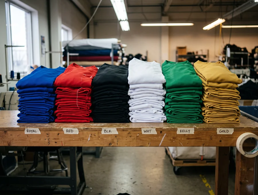 Six standing colors — royal blue, red, black, white, forest green, and gold — folded and sorted on a stock shelf