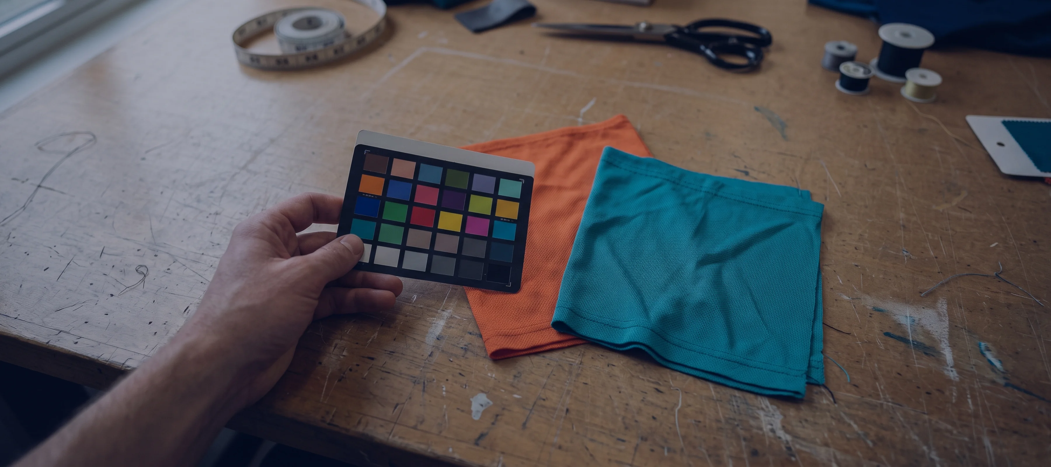 A color reference card held beside an orange and a teal fabric swatch under even daylight