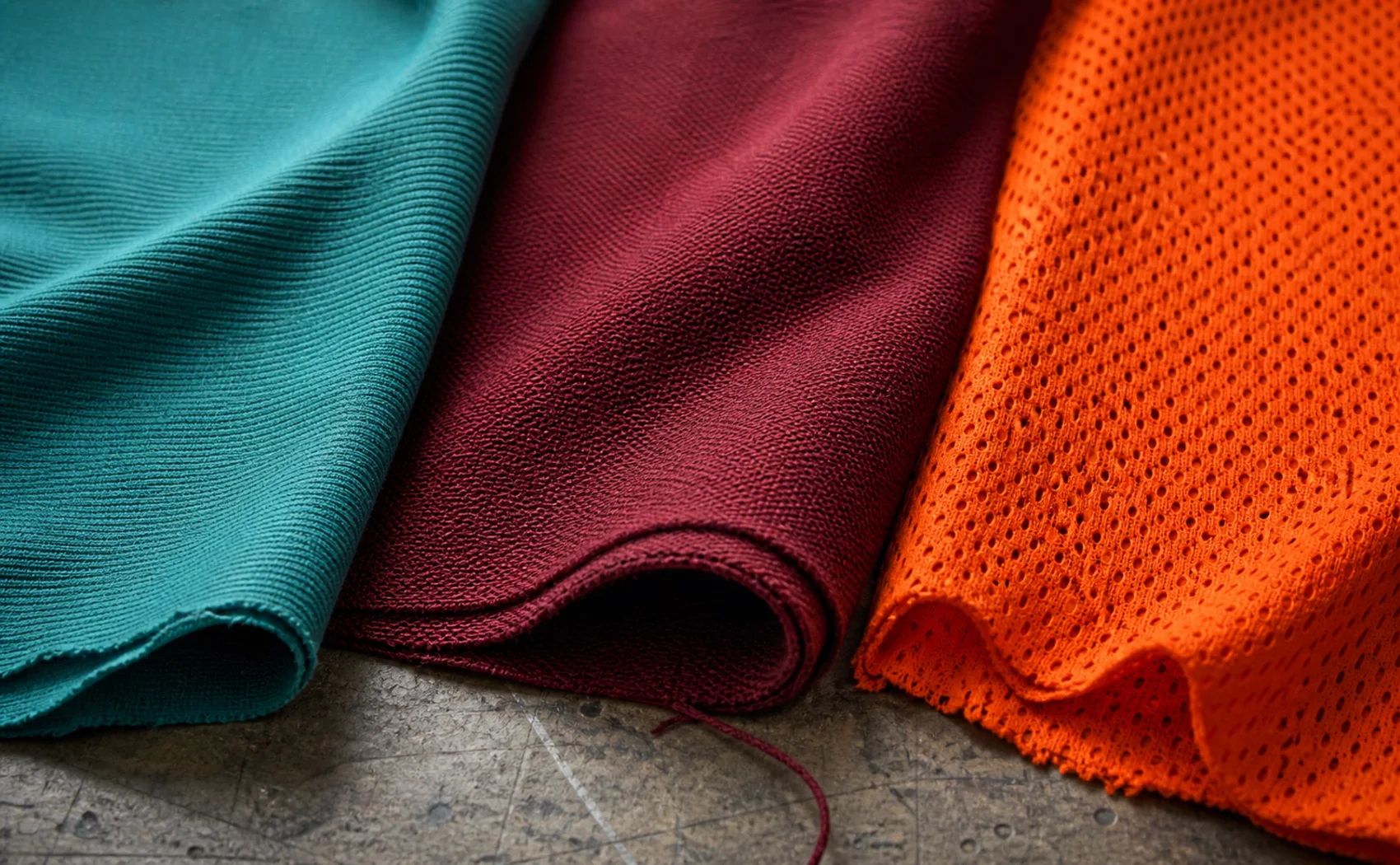 Macro of three fabric surfaces side by side: teal air knit, burgundy double-knit, and orange mesh