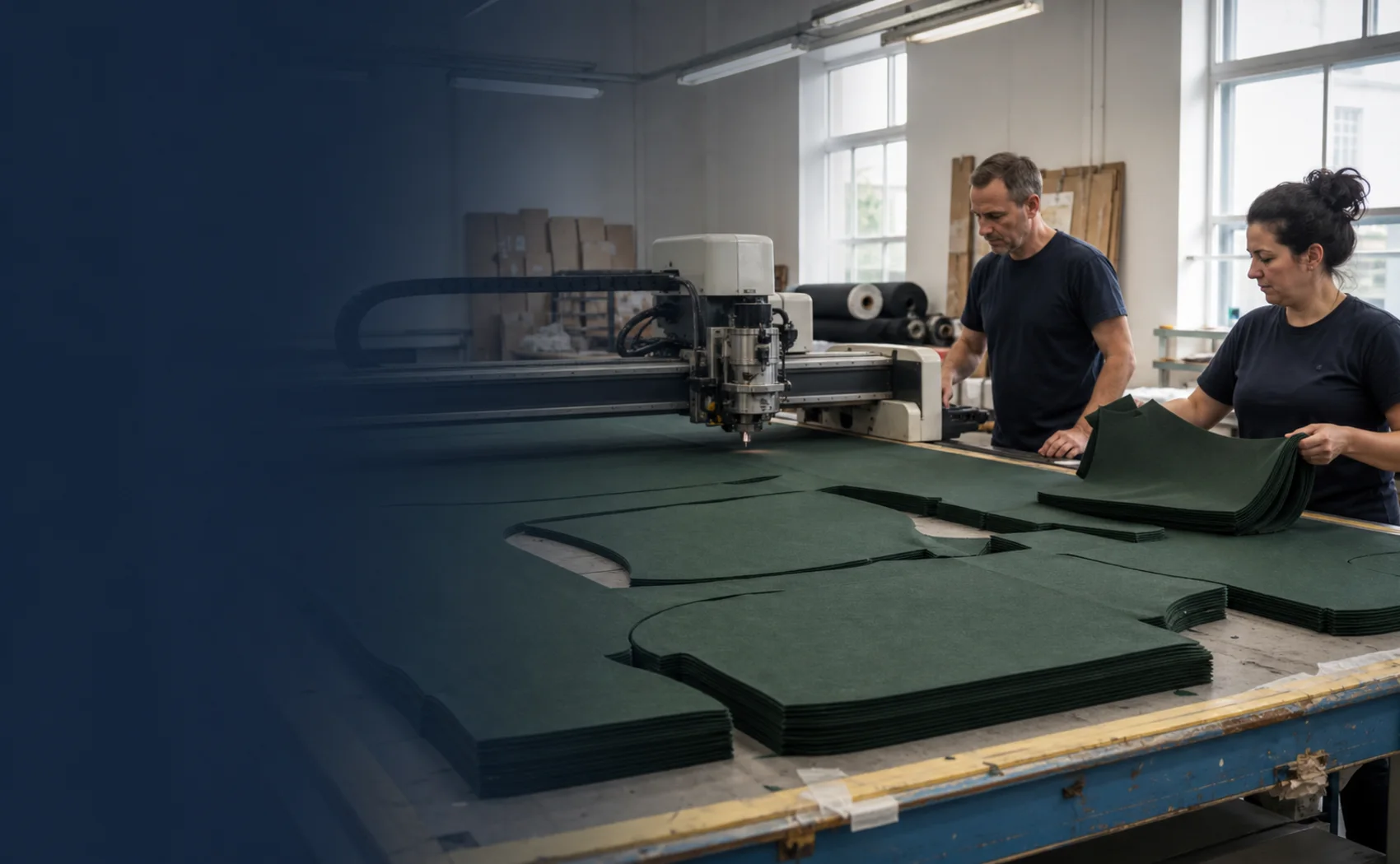 Automated cutting table mid-cycle with layered forest green fabric
