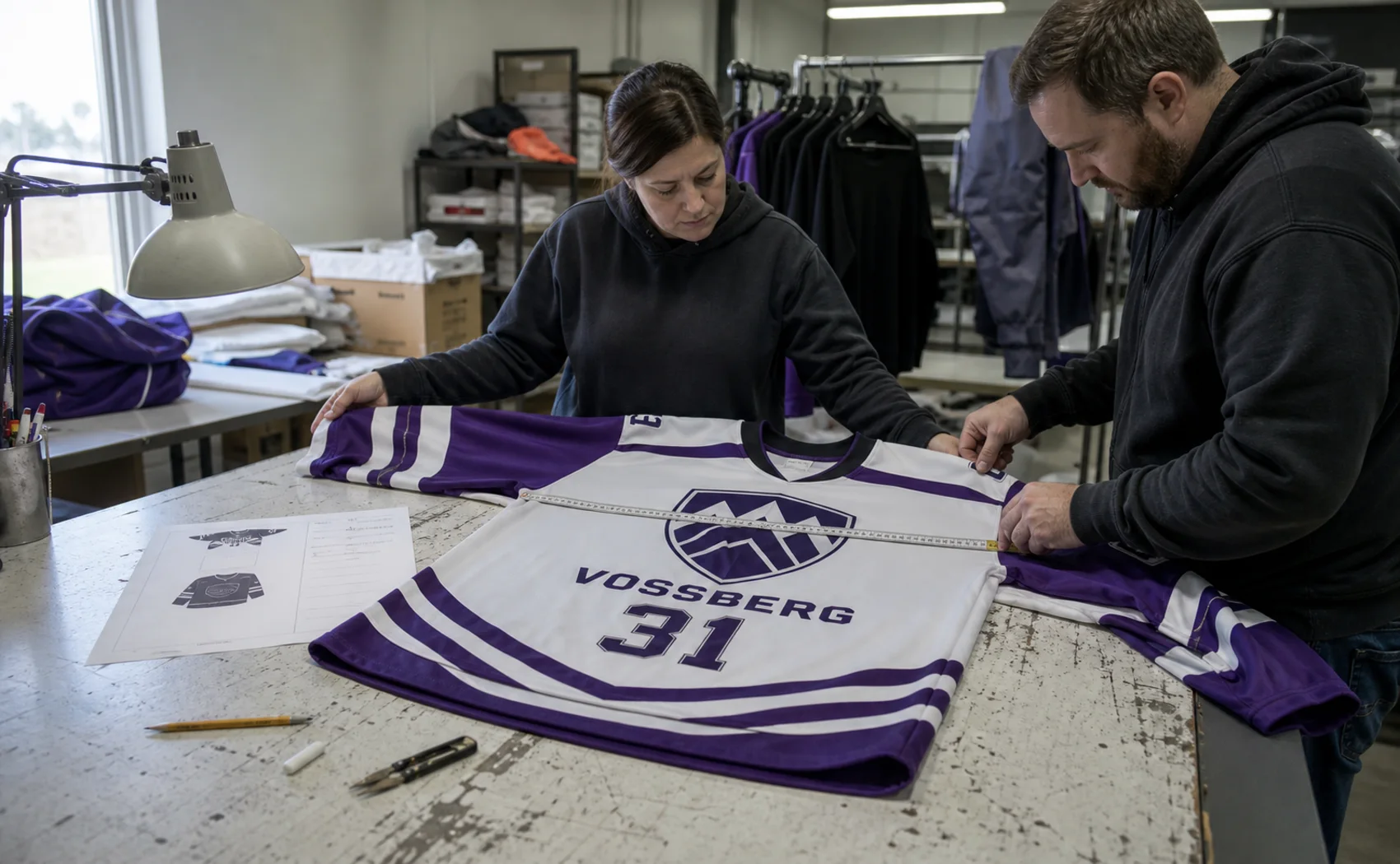 A purple and white garment with an invented club crest and number being measured against a spec sheet at the QC station