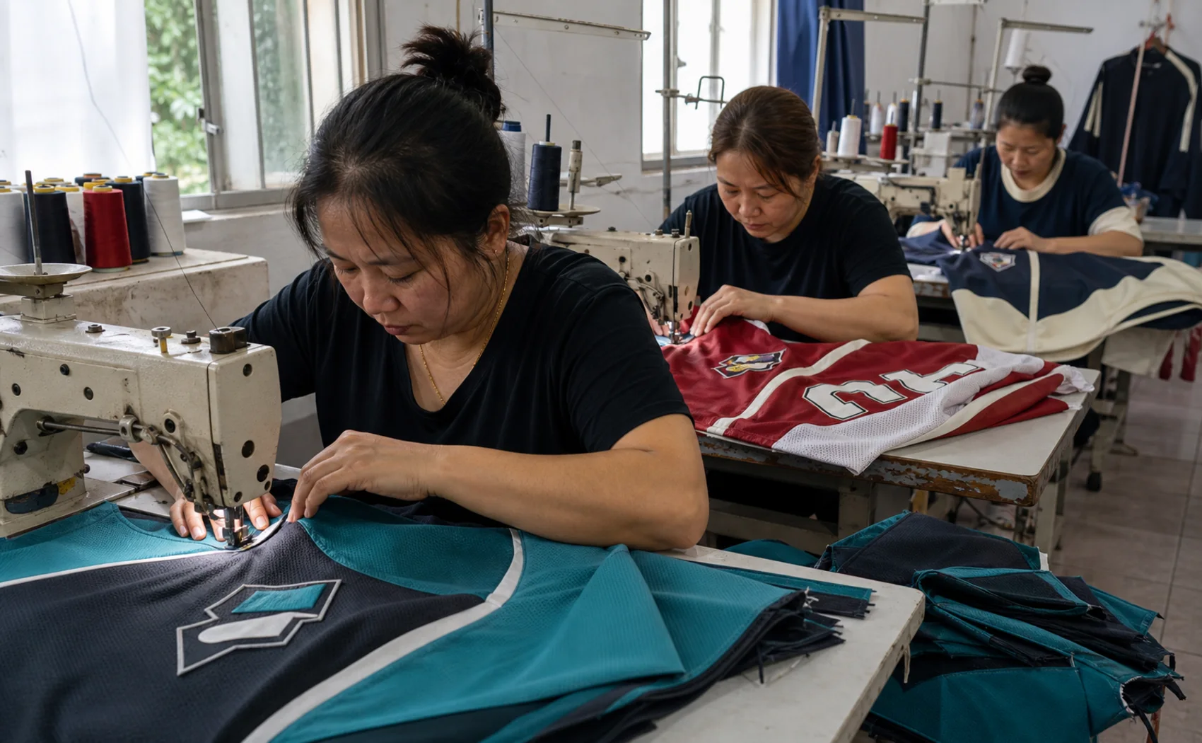 A sewing line in operation, several stations visible with at least three different garment colorways in progress