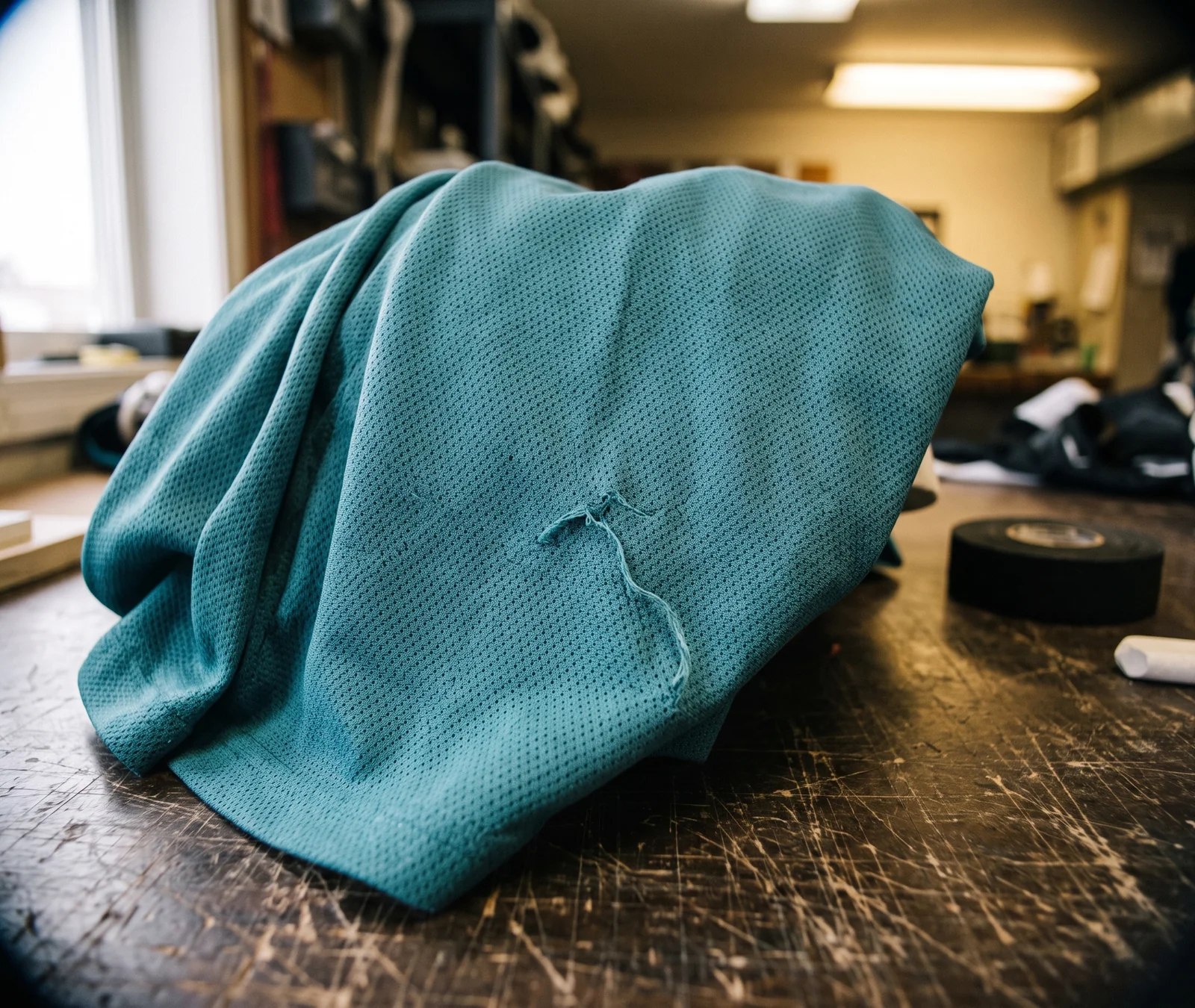 Close macro of an open air-knit polyester surface in teal
