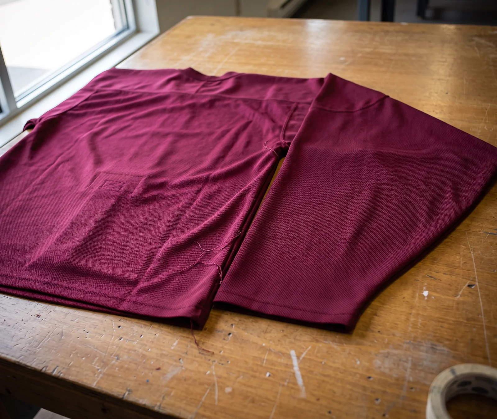 Two burgundy pieces from different runs laid edge to edge under even light, showing the same color